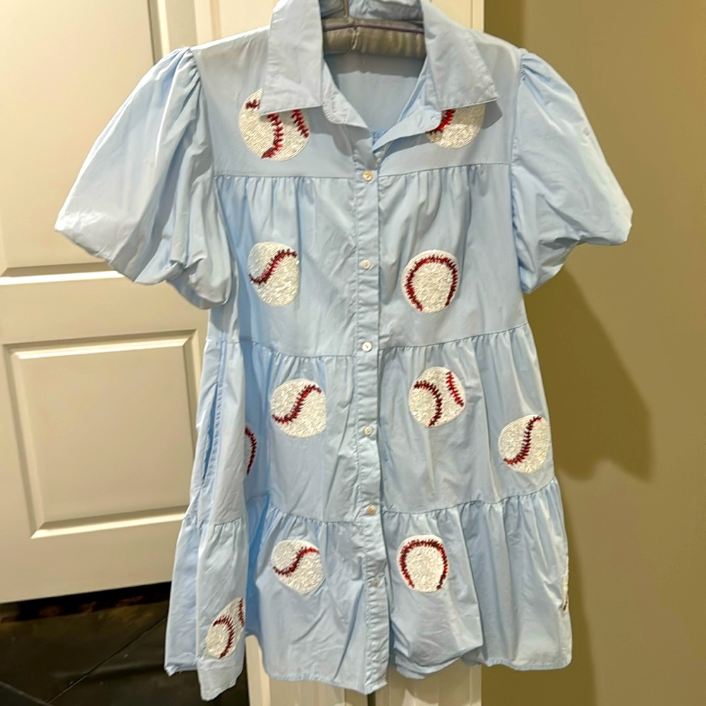 Light Blue Baseball Embroidered Dress